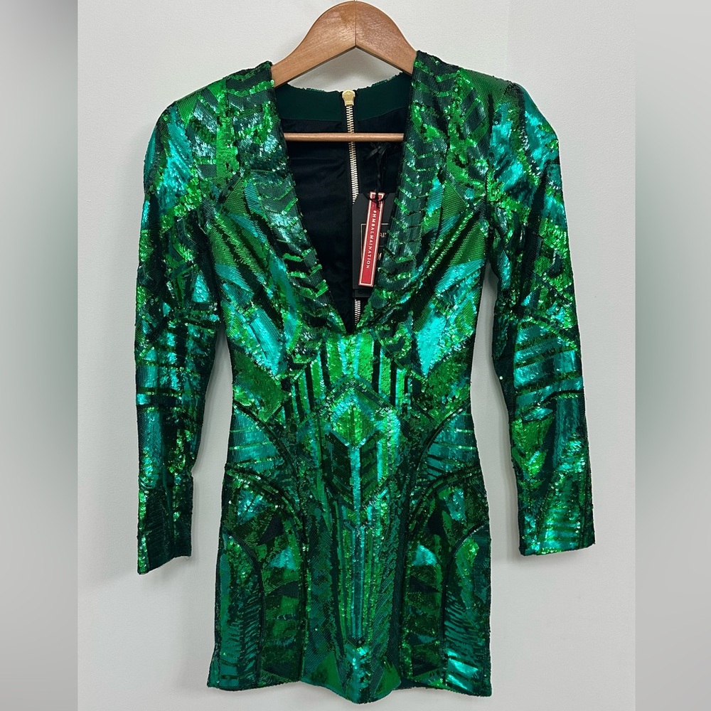 BALMAIN x H&M Emerald Sequin Long Sleeve Plunge Dress